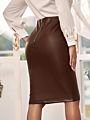 Women Fall High Waist Pencil Skirts Pu Pencil Midi Bodycon Skirts Zipper Back Solid Pu Faux Leather Pencil Skirt