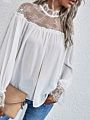 Autumn Spring O-Neck Long Sleeve Ruffle Contrast Lace Elegant Ladies Wear Chiffon Women Blouses