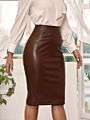 Women Fall High Waist Pencil Skirts Pu Pencil Midi Bodycon Skirts Zipper Back Solid Pu Faux Leather Pencil Skirt