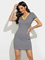 Women's Casual Short Sleeve Tight V-Neck Stripe Dress