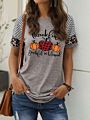 Women's Thankful Grateful and Blessed Leisure Printed Short Sleeve Leopard Print Stitching Casual T-Shirt for Halloween