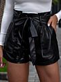 Label Flare Short Pants for Women Casual Cargo Paperbag Waist Belted Slant Pocket Tie Front Waist Faux Leather Pu Shorts