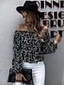 Off Shoulder Ditsy Floral Shirred Back Bardot Peplum Women Blouses and Tops Lady