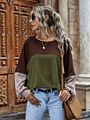 Spring Women Color Blocking Stitching Casual Loose Long Sleeve round Neck Pullover Top