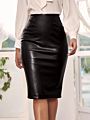 Women Fall High Waist Pencil Skirts Pu Pencil Midi Bodycon Skirts Zipper Back Solid Pu Faux Leather Pencil Skirt