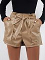 Label Flare Short Pants for Women Casual Cargo Paperbag Waist Belted Slant Pocket Tie Front Waist Faux Leather Pu Shorts