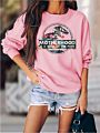 Letter Print Crewneck Sweatshirt Fall Dinosaur Head Graphic Women Hoodies Pullover Clothes