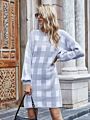 round Neck Women's Sweater Dress Plaid Knitted Dress