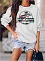 Letter Print Crewneck Sweatshirt Fall Dinosaur Head Graphic Women Hoodies Pullover Clothes