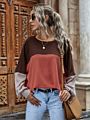 Spring Women Color Blocking Stitching Casual Loose Long Sleeve round Neck Pullover Top