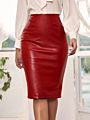 Women Fall High Waist Pencil Skirts Pu Pencil Midi Bodycon Skirts Zipper Back Solid Pu Faux Leather Pencil Skirt