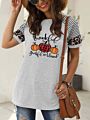 Women's Thankful Grateful and Blessed Leisure Printed Short Sleeve Leopard Print Stitching Casual T-Shirt for Halloween