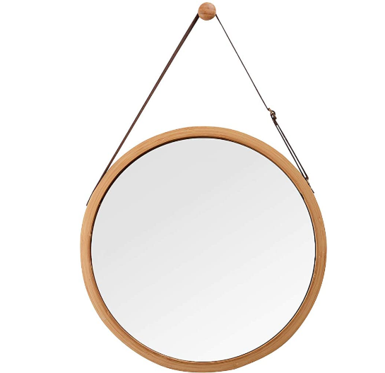 Hanging round Wall Mirror in Bathroom & Bedroom - Solid Bamboo Frame Solid Bamboo Frame Mirror Adjustable Leather Strap