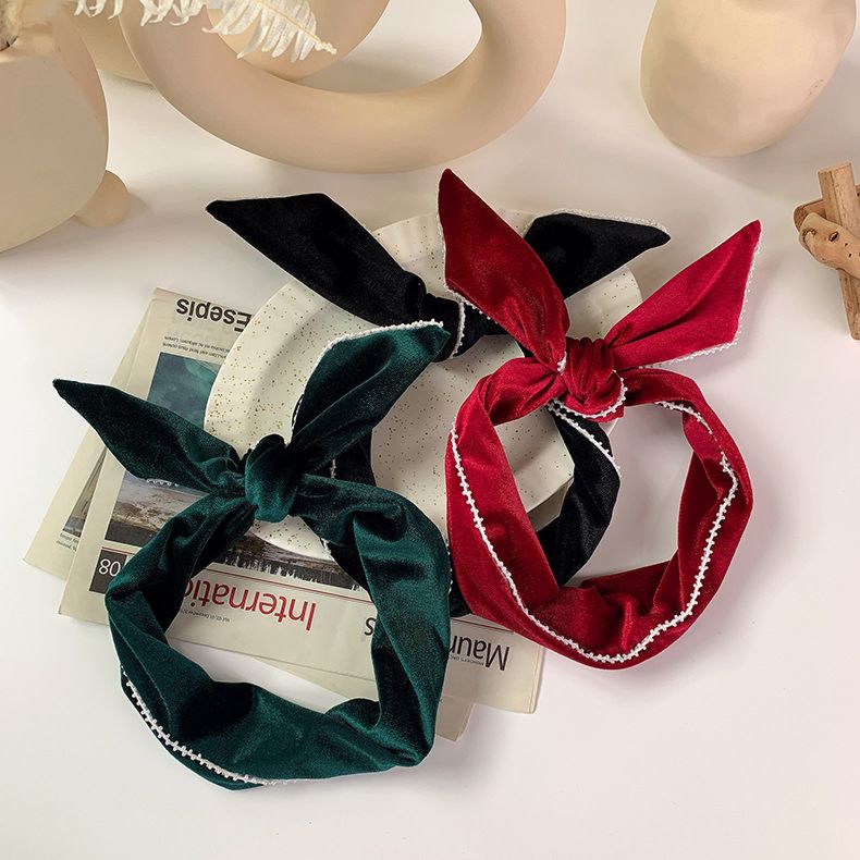 Eur-American Autumn and Knot Headband Vintage Velvet Pearl Green Bow Rabbit Women Hair Accessories