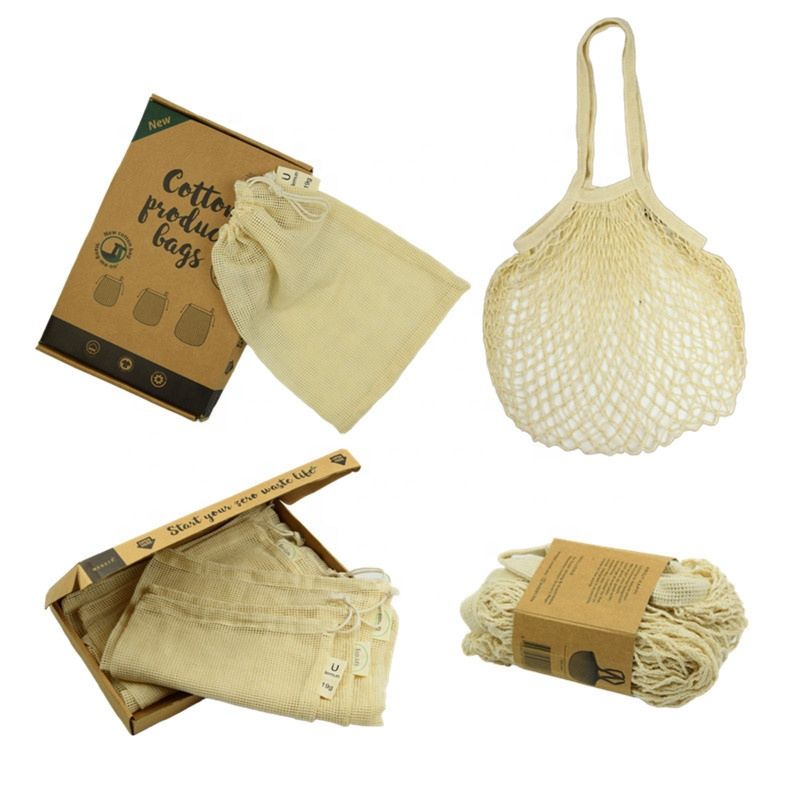 Net Produce Grocery Shopping Drawstring Reusable Organic Cotton Mesh Bag