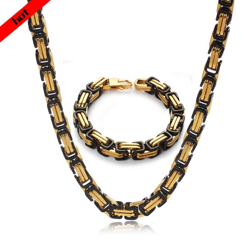 Plated Necklace Bracelet Chains Byzantine Jewelry Set and Black Manufacturers Dubai Stainless Steel for Mens 18K Gold