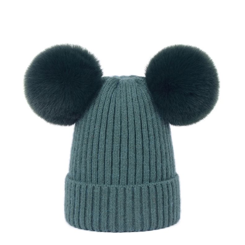 Hat Rex Rabbit Double Hairball Knitted Hat Mum and Baby Matching Beanie