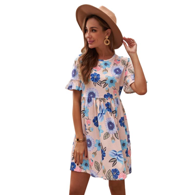 Woman Dress Printed Floral Mini Dresses Ruffled Short Sleeve Crew Neck Dresses Women Elegant