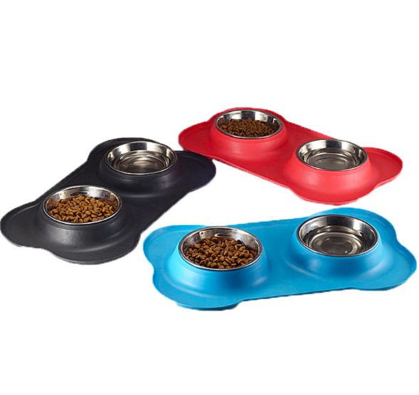 Luxury Silicone Bone Shaped Pet Twins Double Stainless Steel Dog Melamine Bowl for Food Water