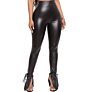 Pu Leather Trousers with Tight Height Elastic Strap and Micro Horn Side Slit in Autumn