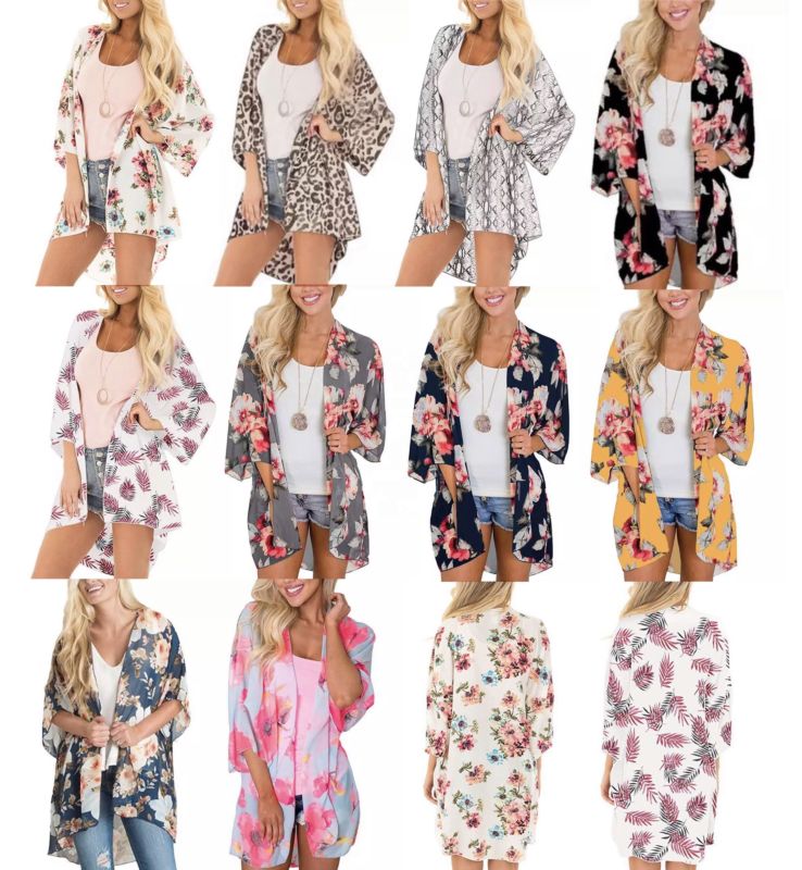 O51 Kimono Women Vintage Kimono Cardigan Casual Ladies Women Long Crochet Chiffon Kimono Loose Floral Printed Blouse Tops