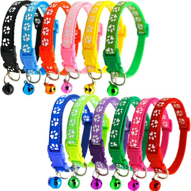 Multi Colors Paw Print Adjustable Nylon Pet Cat Dog Collar with Bell