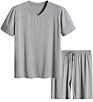 Auschalink Luxury Bamboo Solid Lounge Wear Men's Pajamas Sets Short Sleeve Sleepwear Soft Pj Shorts and Tops Nightwear