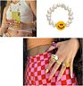Simple Cute Pearl Handmade Stacked Elastic Rings Smiley Beaded Irregular Pearl Rings for Girls