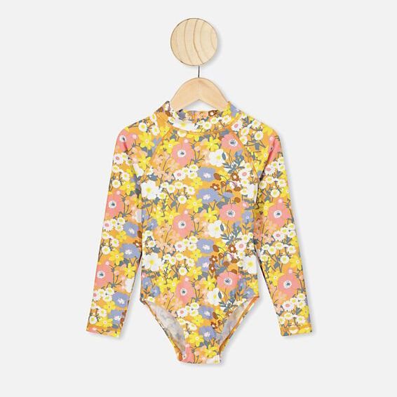 Long Sleeve Beachwear One Piece Floral Print Swimsuit Kids Girls Swimwear