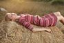 Rib Knit Striped Dress Ladies round Neck Striped Seven Points Silk Sweater