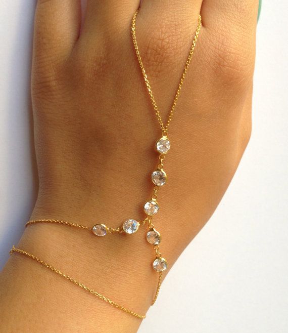 Double Chain Crystal Charm Bracelet Finger Ring Set Slave Hand Harness Handchain