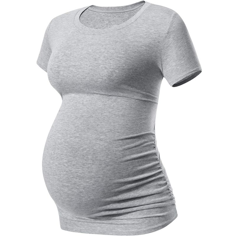 Premium Short Sleeve Maternity Tops for Women Side Ruched Modal Cotton Pregnancy Shirts Crew Neck Basic Tees