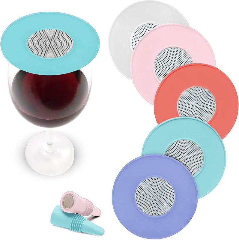 Premium Wine Glass Covers Set of 5 with 2 Bottle Stoppers-Outdoor Ventilated Wine Glass Covers for Bugs-Silicone & Stainless
