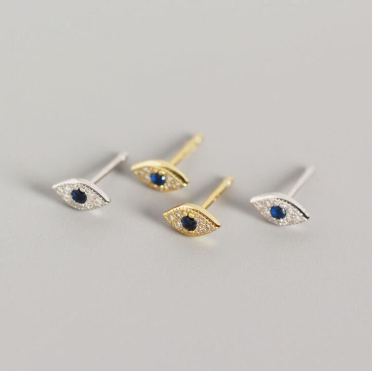 Minimal and Delicate Jewelry Sterling Silver 18K Gold Tiny Charm Blue Stone Cz Pave Evil Eye Stud 925 Silver Earrings