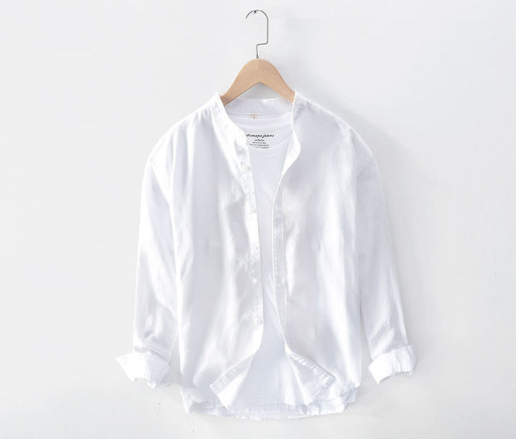 Standing Collar Cotton Linen Shirt Men Loose Long Sleeve Linen Shirt with White Breathable