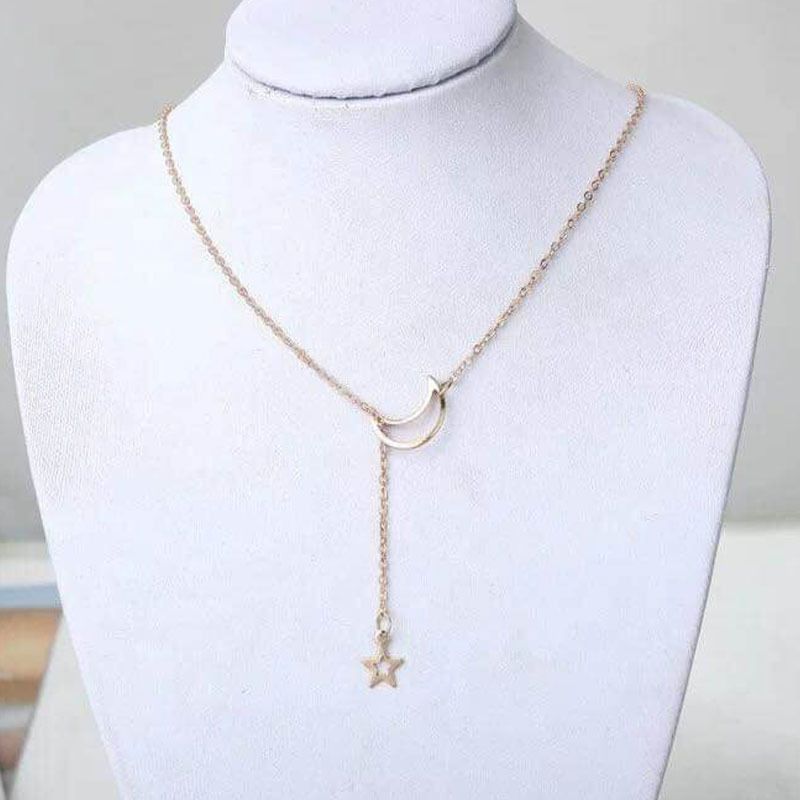 00099-4 for Women Necklaces Double Pendant Long Chain Moon Star Stainless Steel Necklace Jewelry