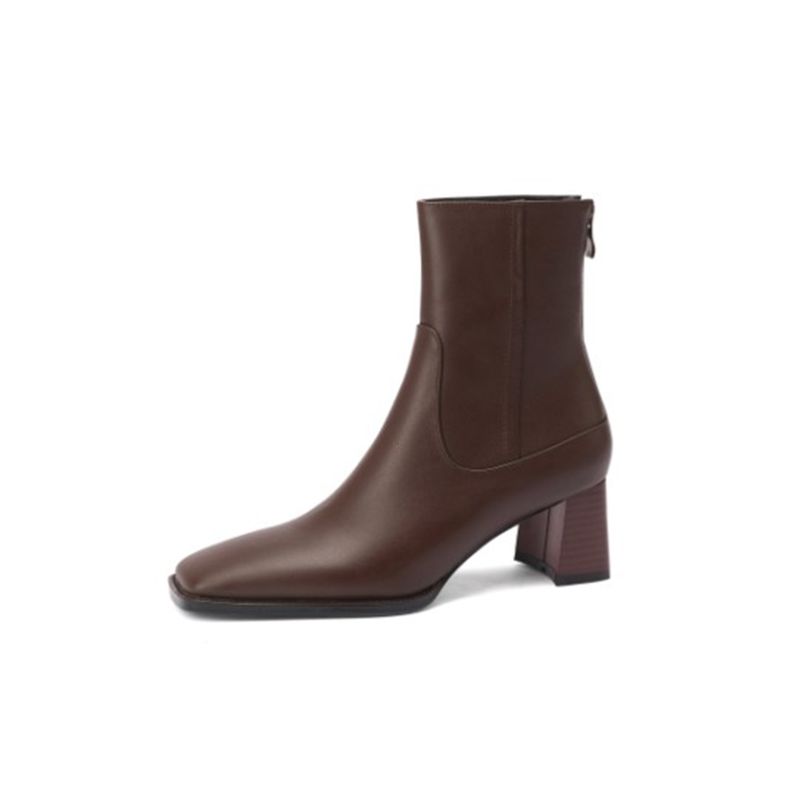 05Dg05-103 Newest Elastic Boots Square Toe Naked Boot Apricot Zipper Back Ankle Boot