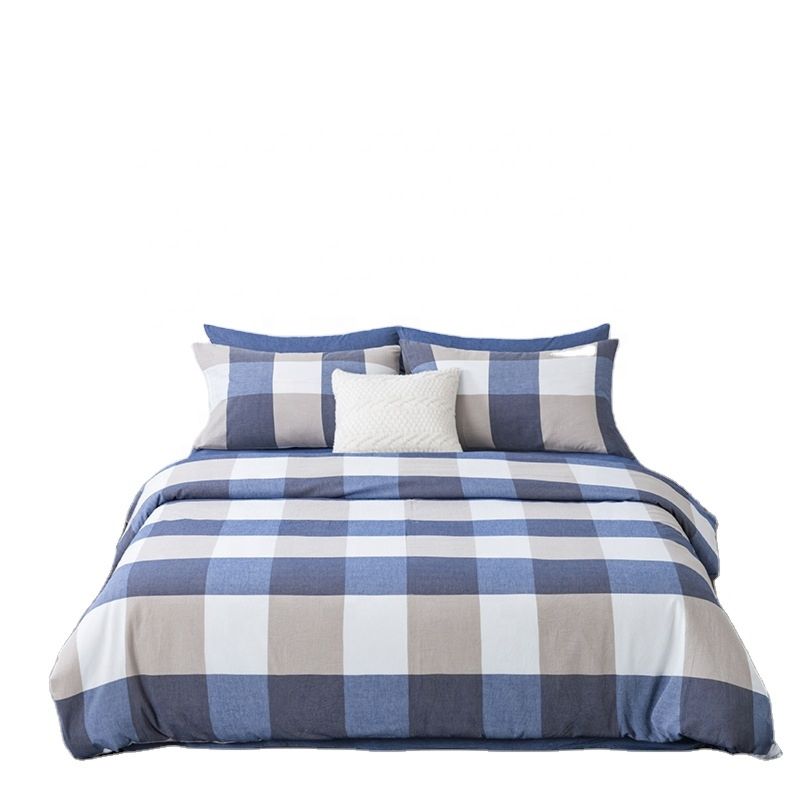 100% Cotton 4 Piece Bedding Set Plaid Checker Pattern Minimalist Style Twin Queen King Size Fitted Sheet Bedding Set