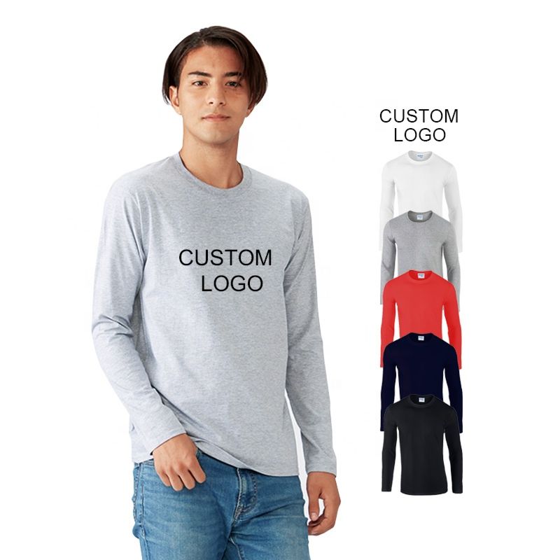 100% Cotton Solid Men's Crewneck Long Sleeve Tops Tee Blank Casual Print T Shirt
