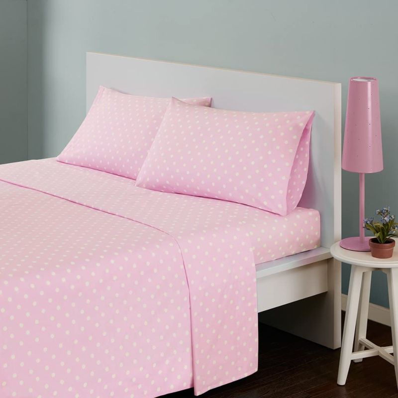 100% Polyester Fabric Ultra Soft Sheet Set, Pink Polka Dot