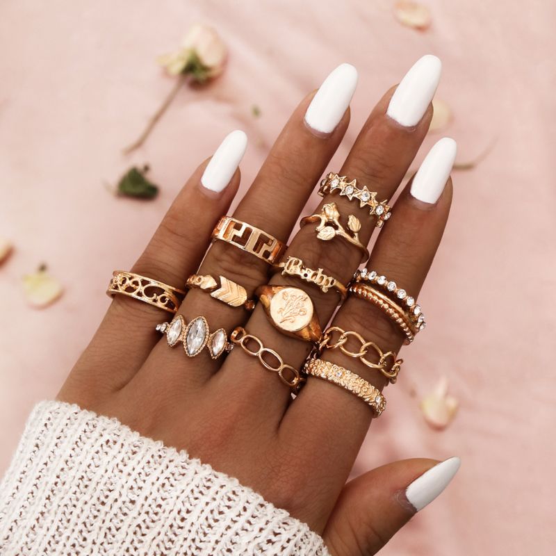 12Pcs Set Flower Star Knuckle Ring Gold Plated Rings Boho Gold Plated Link Chain Crystal Rose for Woman