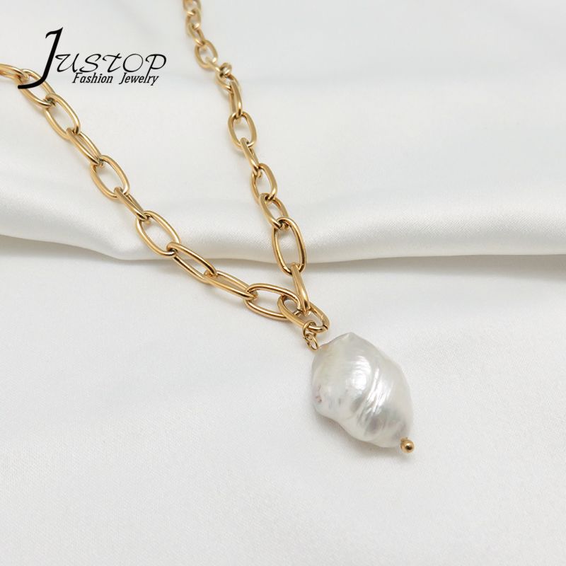 18K Gold Plated Link Chain Stainless Steel Choker Baroque Pearl Pendant Necklaces Pearl