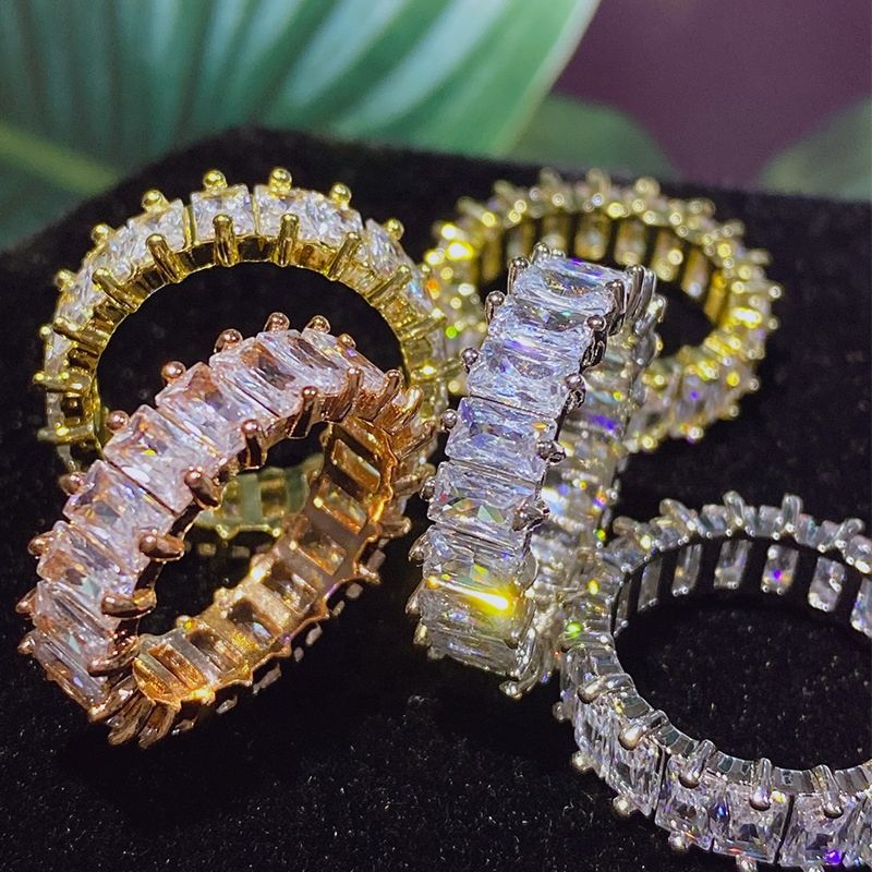 18K Gold Plated Silver Plating Wedding Ring Women Cz Eternity Band Stack Baguette Cubic Zirconia Finger Ring