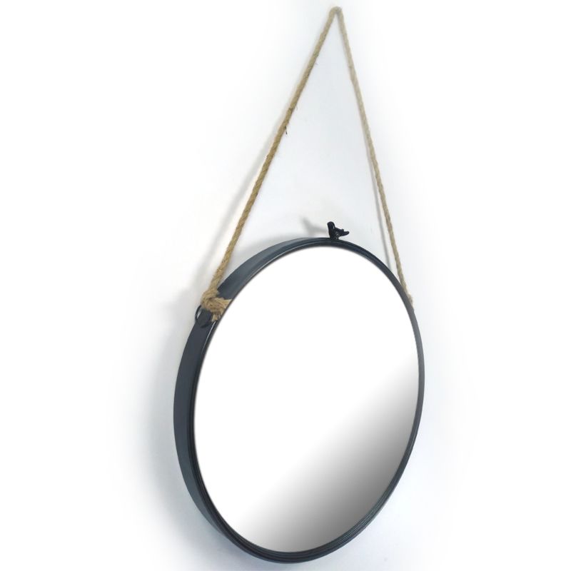 24 Inch 62Cm Hanging Wall Mounted round Morden Black Metal Frame Mirror Decorative with Hemp Rope Strap for Living Room