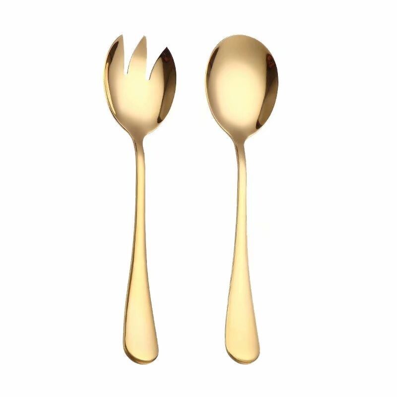 2Pcs Wholesales Creative Gold Stainless Steel Unique Serving Spoon Fork Scoop Salad Tableware Sets