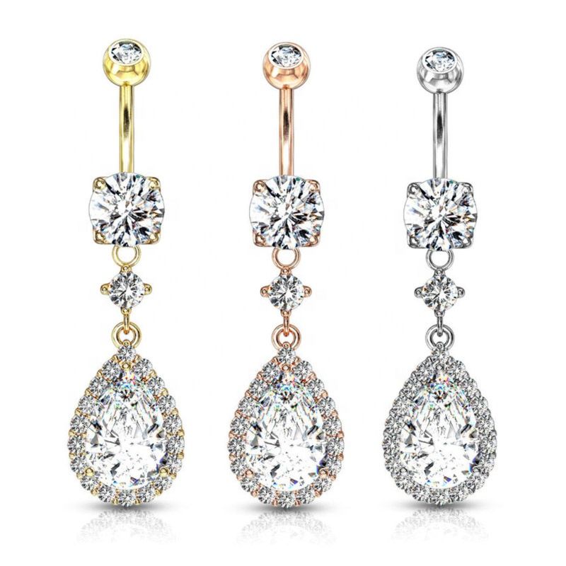 316L Surgical Steel Gold Tear Drop Cz Dangle Navel Bar Belly Button Rings Piercing Jewelry