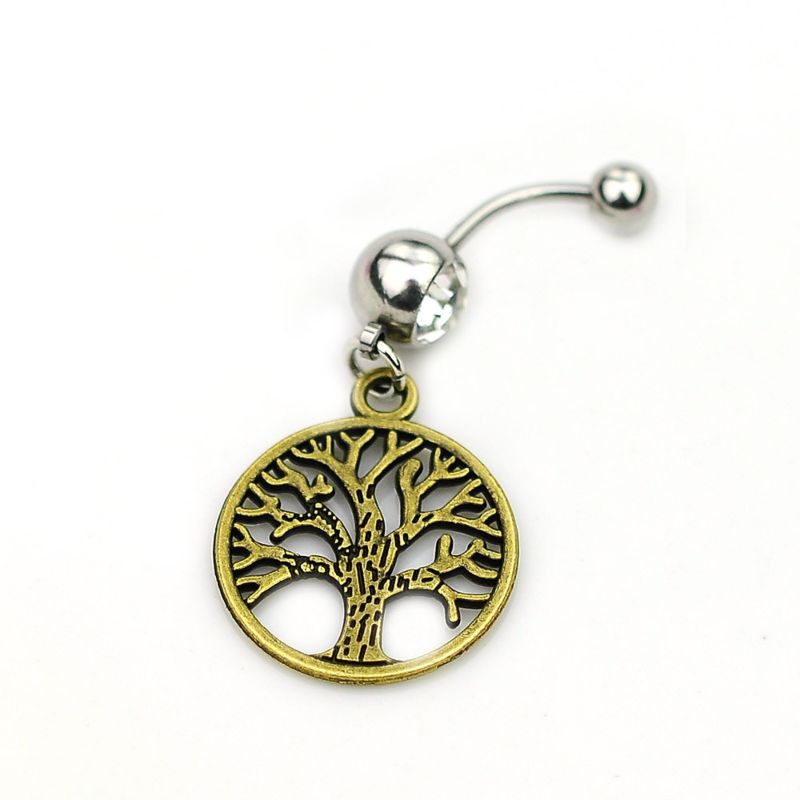 316L Tree of Life Surgical Steel Dangle Belly Button Rings Diamond Piercing Body Jewelry