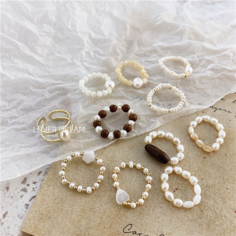 34 Models Vintage Handmade Irregular Geometric Adjustable Stacking Freshwater Baroque Pearl Beaded Heart Elastic Ring Women Girl