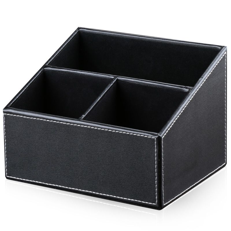 3 Compartments Pen Pencil Sundries Holder Leather Case Office Storage Box