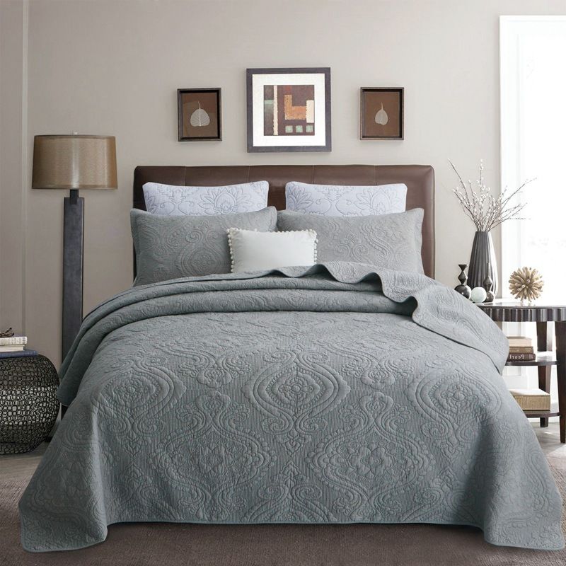 3 Pcs Machine Washable American Style Solid Color Embroidery Cotton Quilts Bedding Sets Quilt for , Own Use